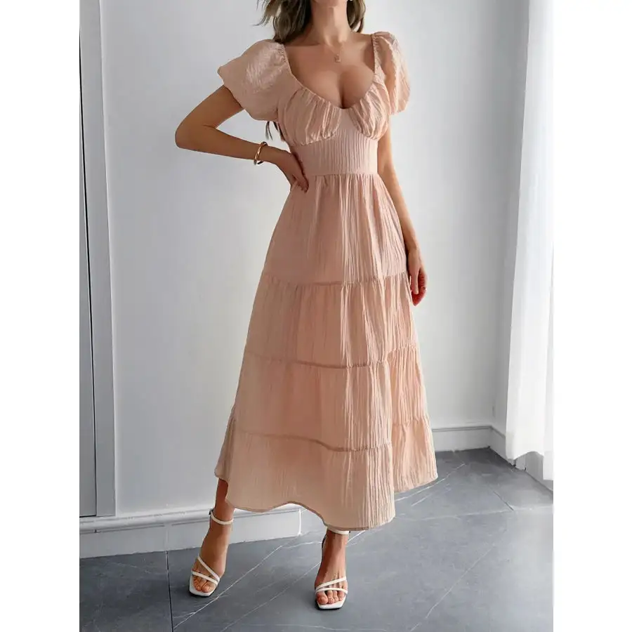 Backless Tiered Puff Sleeve Midi Dress