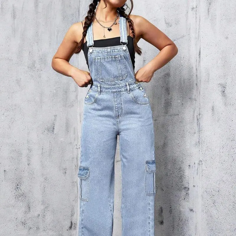 Women's Denim Bib Overalls Casual Adjustable Strap Wide Leg Jean Jumpsuits Loose Fit Long Rompers With jumpsuit Overall Romper Womenswear,Preppy 80s Clothes, Overalls for Women
