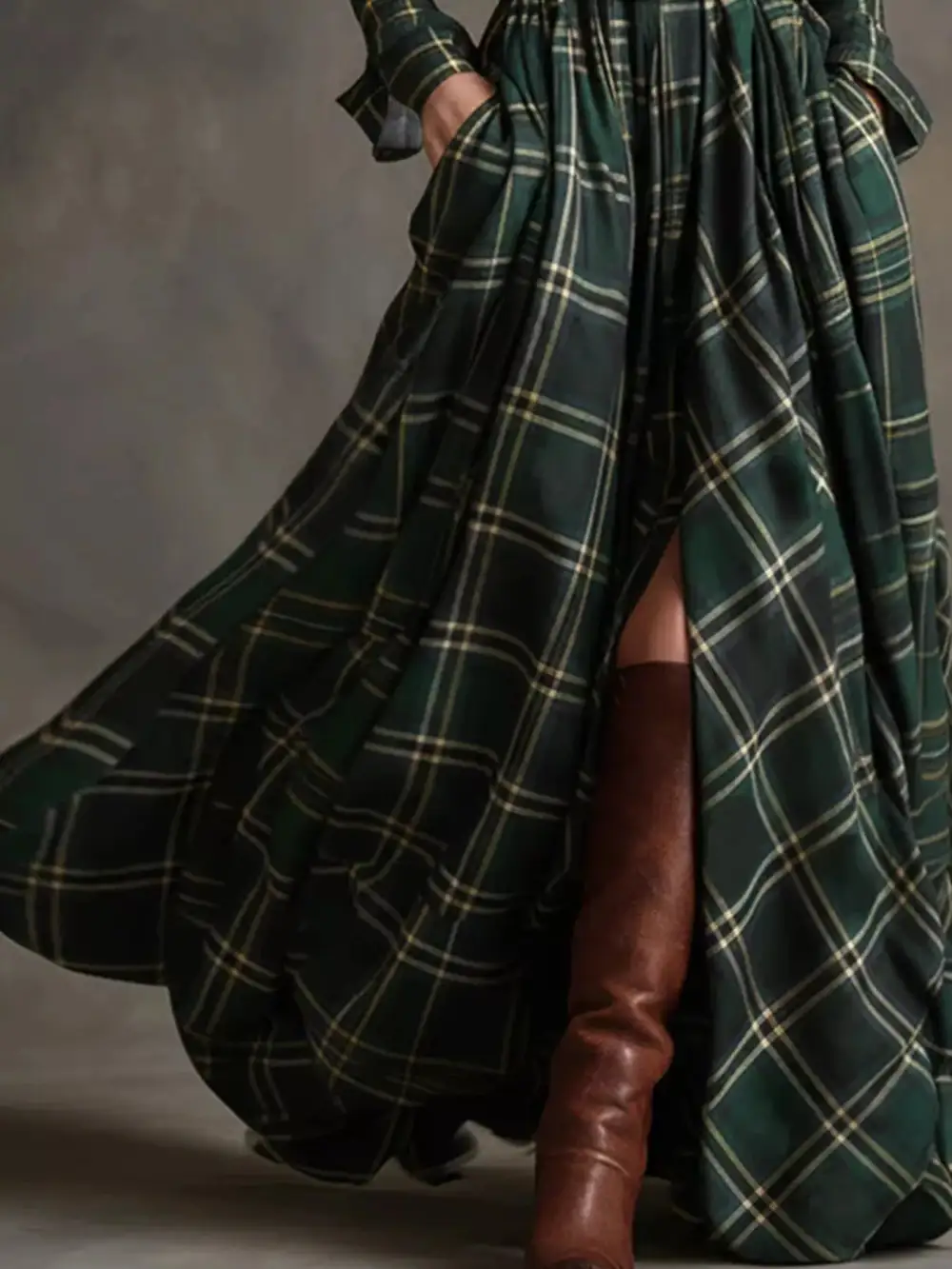 Smooth Finish Plaid Button Front Maxi Dress
