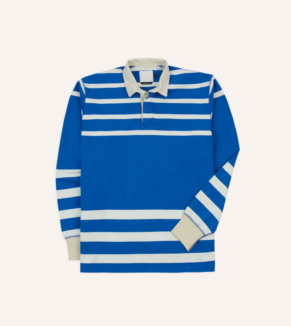 Blue And White Dual Stripe Cotton Rugby Shirt Plain