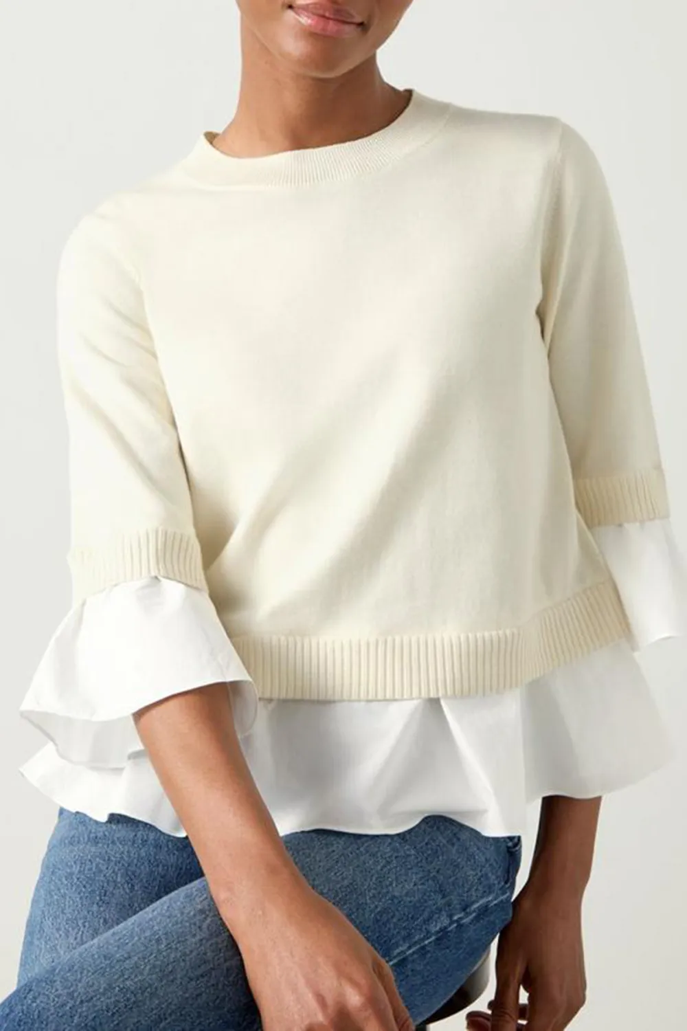 White Layered Hem Short Sleeve Knit Sweater