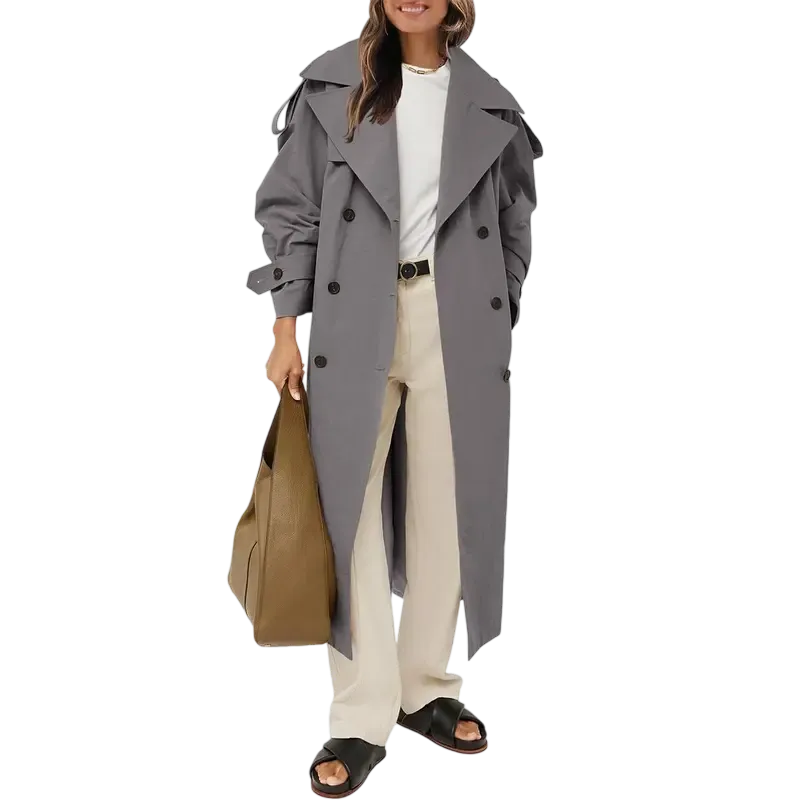Womens Oversized Long Trench Coat Double Breasted Lapel Windproof Overcoat with Belt