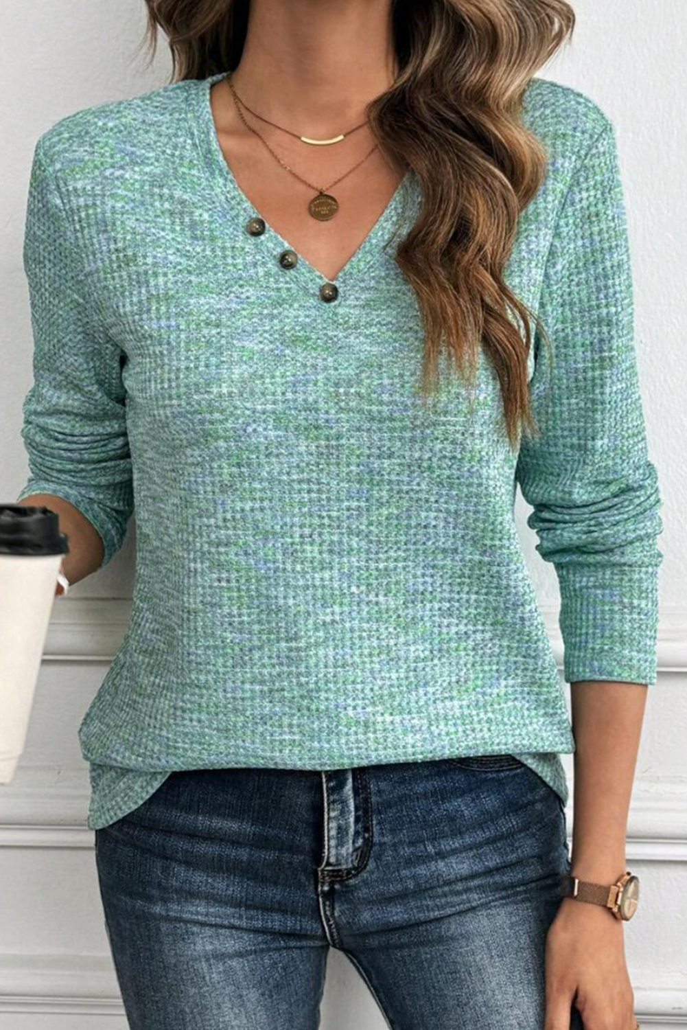 Women's Textured Knit V Neck Long Sleeve Top