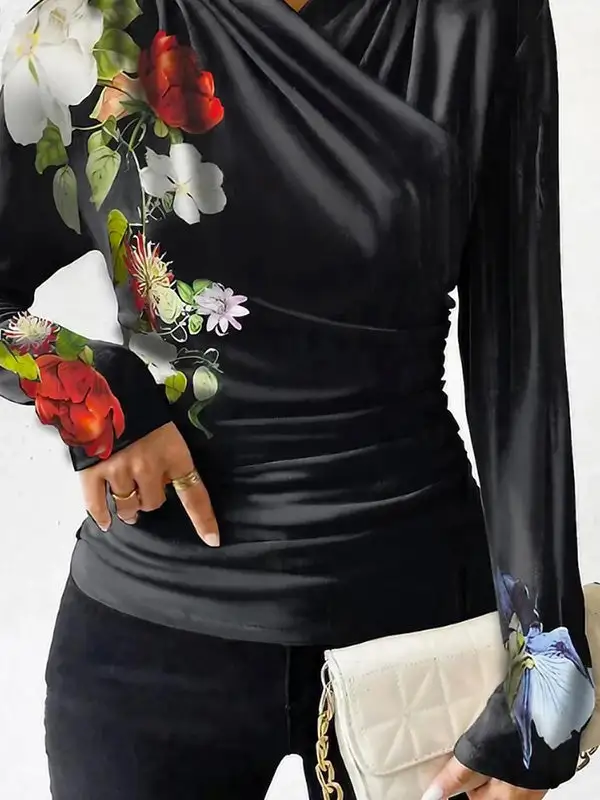 Long Sleeve Slim Fit Floral Print Pleat Detail Panel Detail V-Neck T-Shirt