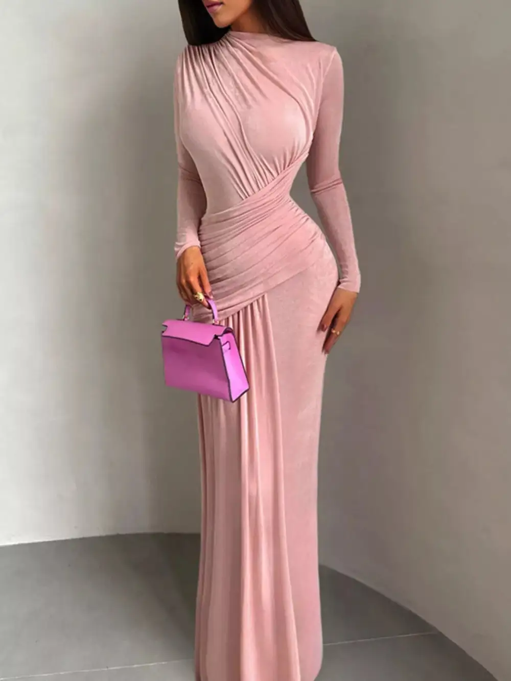 Polished Detail Ruched Long Sleeve Maxi Dress