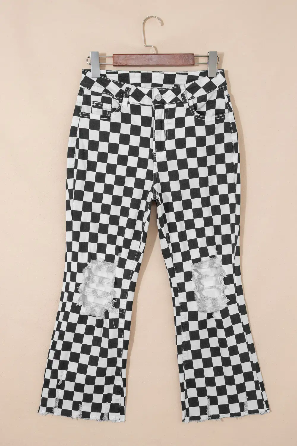 Print Cropped Distressed Checkerboard Holes Raw Jeans