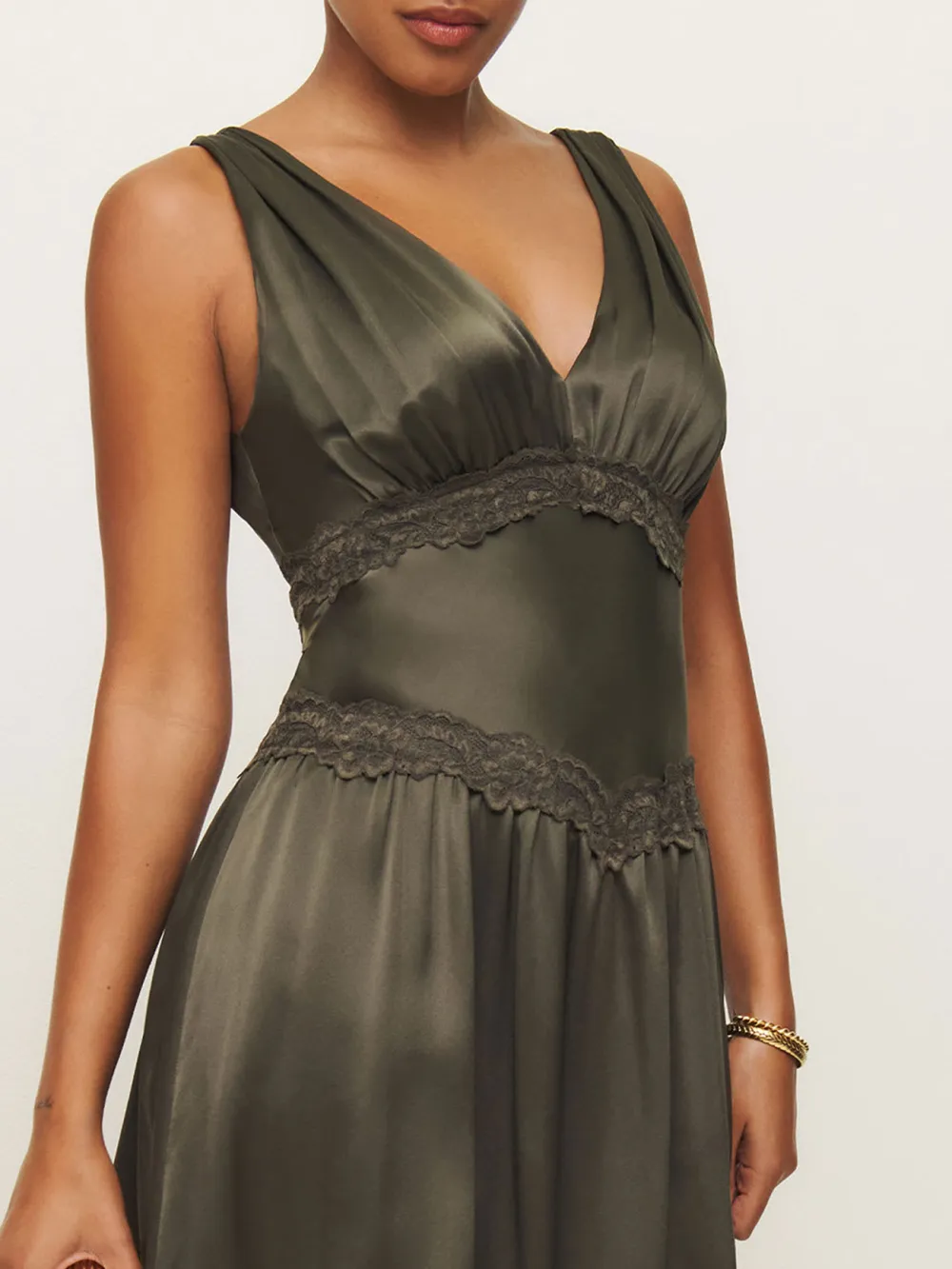 V Neck Lace Hem Silk Midi Dress