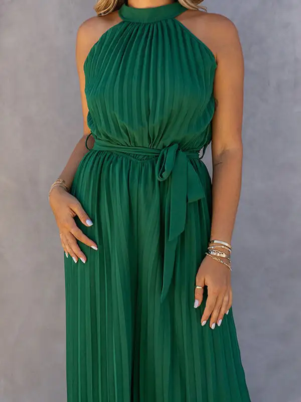Shoulder Halter Neck Pleated Jumpsuit