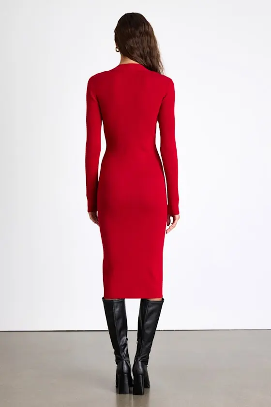 Adoring Me Red Ribbed Long Sleeve Midi Sweater Dress