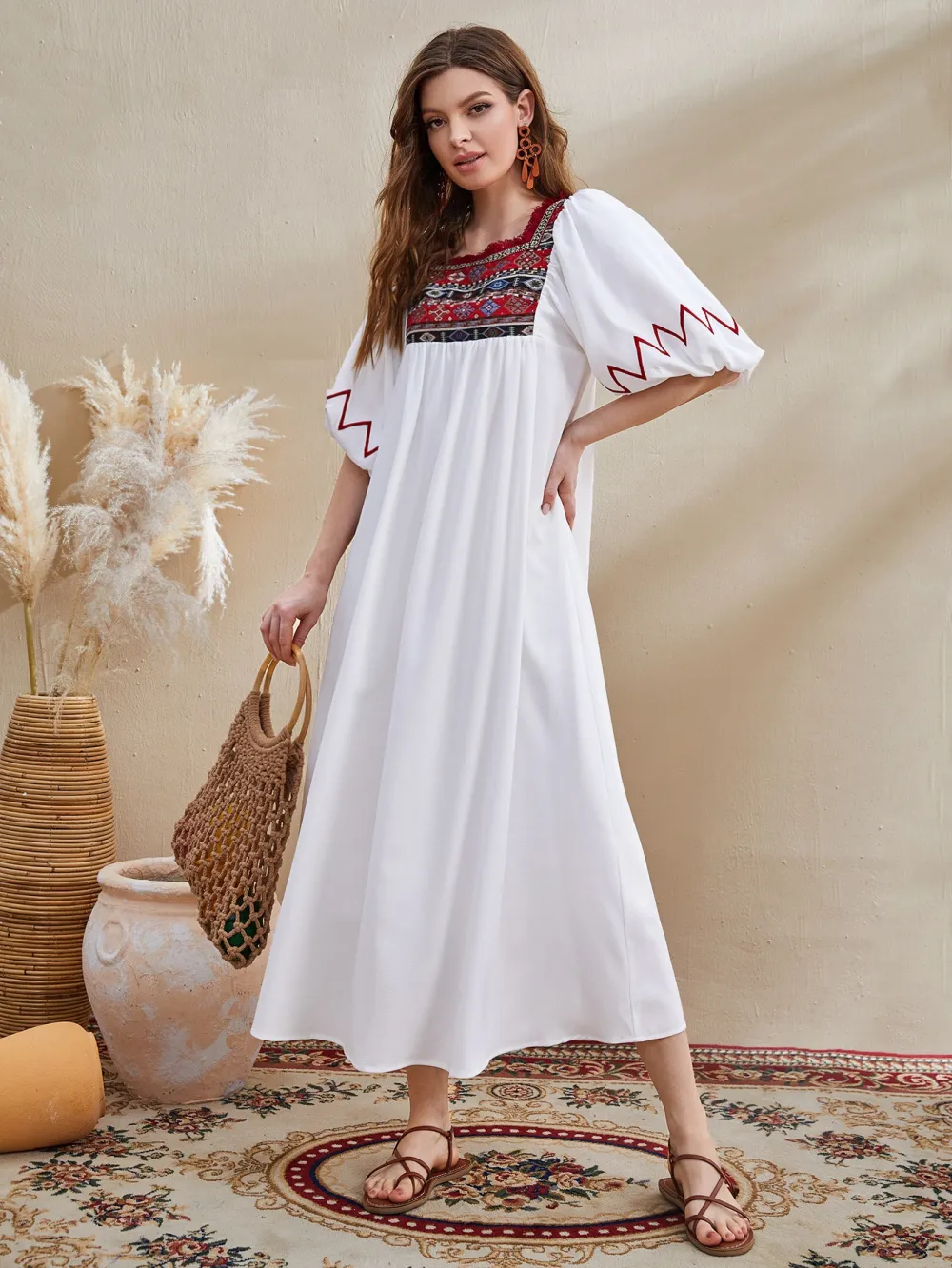 Puff Sleeve Embroidery Yoke Smock Dress