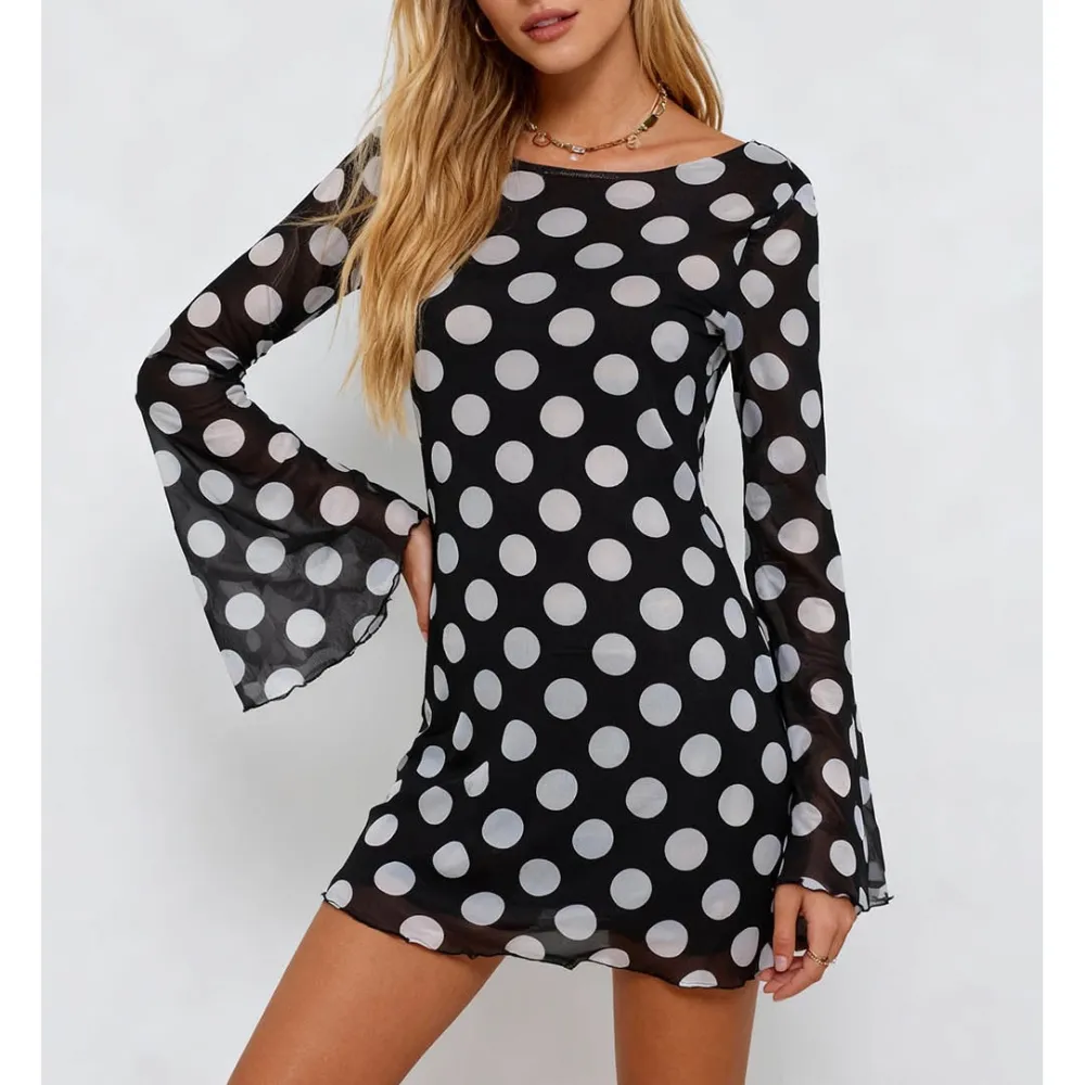 Polka Dot Open Back Flared Sleeves Mesh Mini Dress