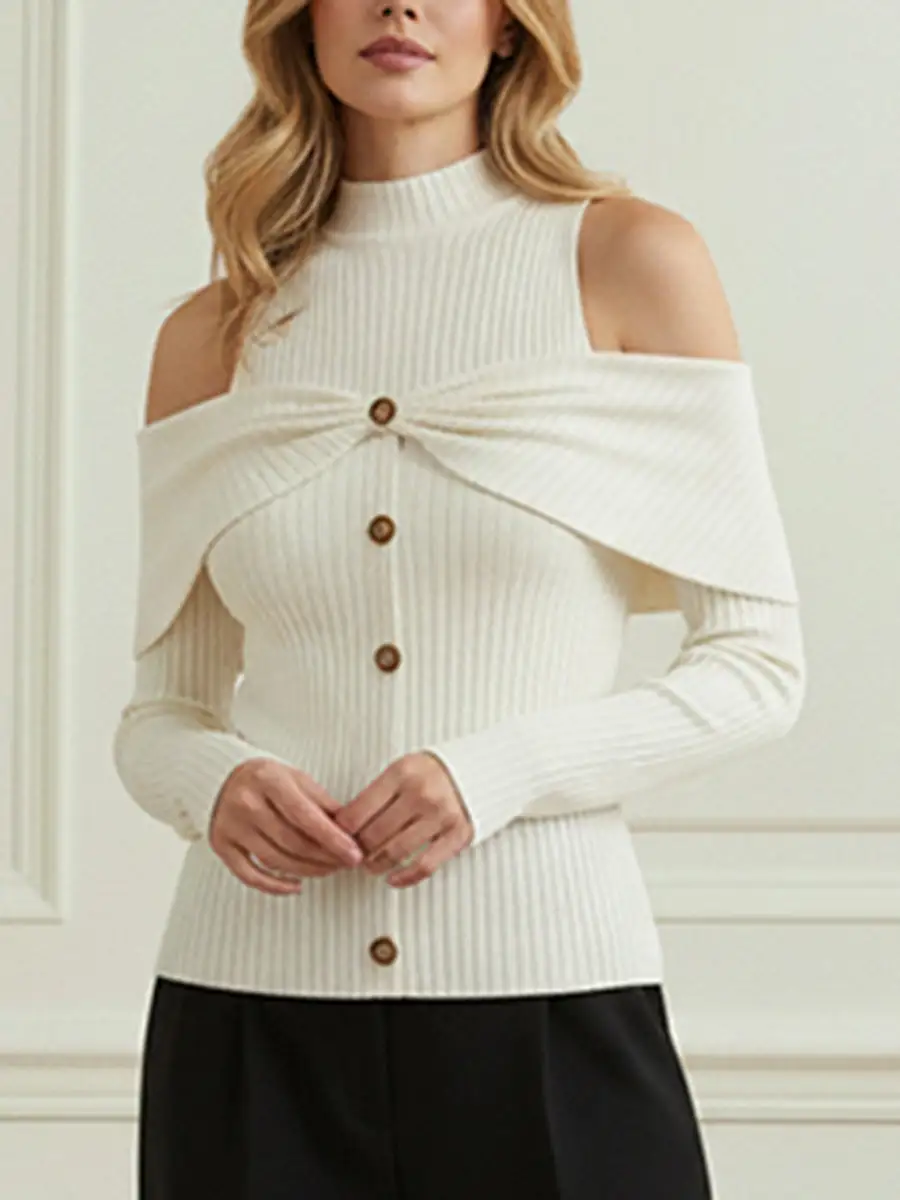 Ribbed Pleated Button Detail Cold Shoulder Long Sleeve Knit Top
