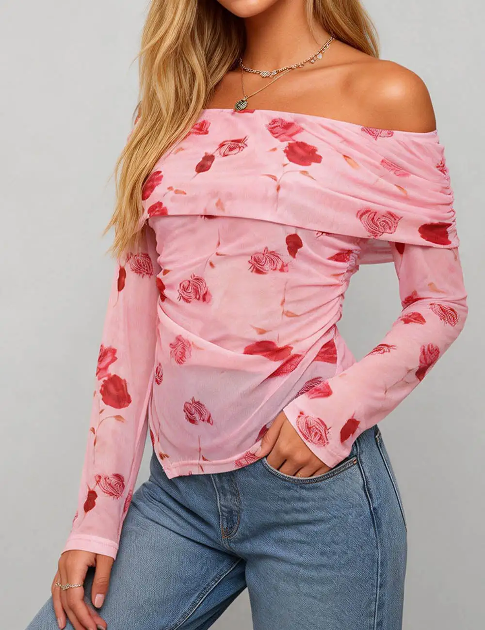 Off Shoulder Ruched Sheer Mesh Top