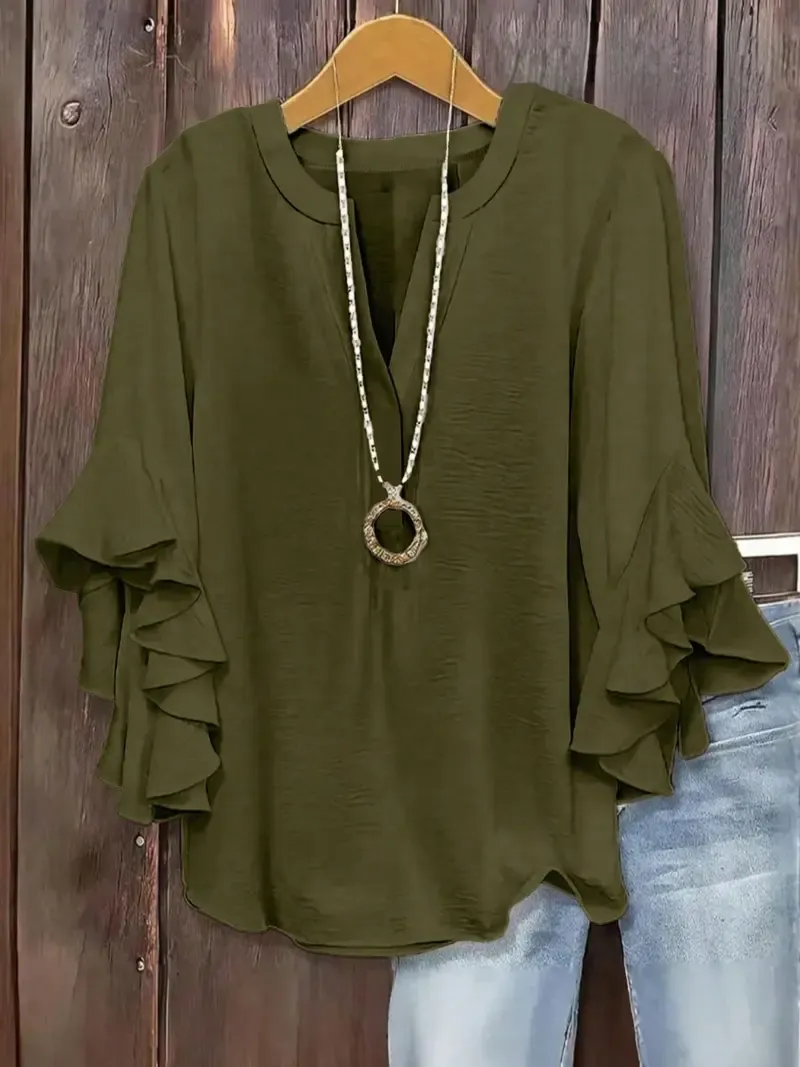 Plus-Size Women's Slim-Fit Shirt With Ruffled Sleeves And V-Neck