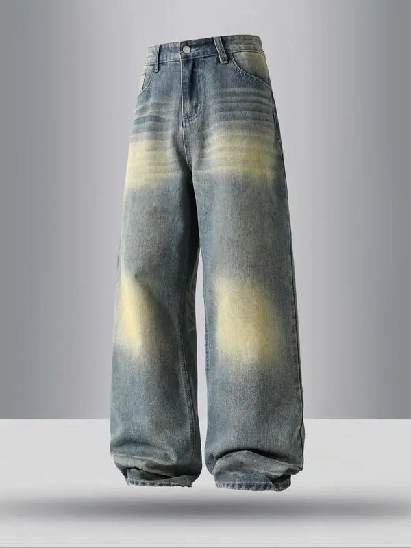 Men's Vintage Wash Pocket Wide Leg Jeans, Loose Casual Comfy Denim Pants for Daily Wear, Woven Bottoms for All Seasons