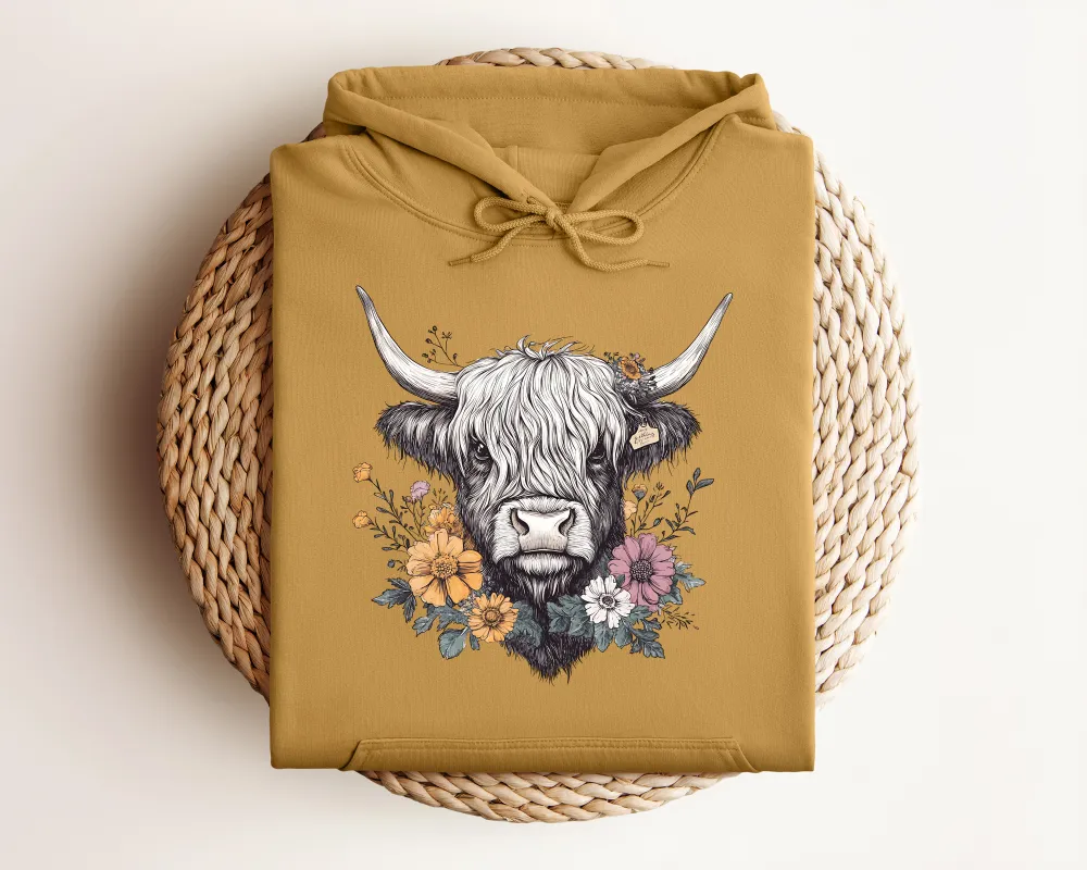 Highland Cow Floral Graphic Pullover Hoodie