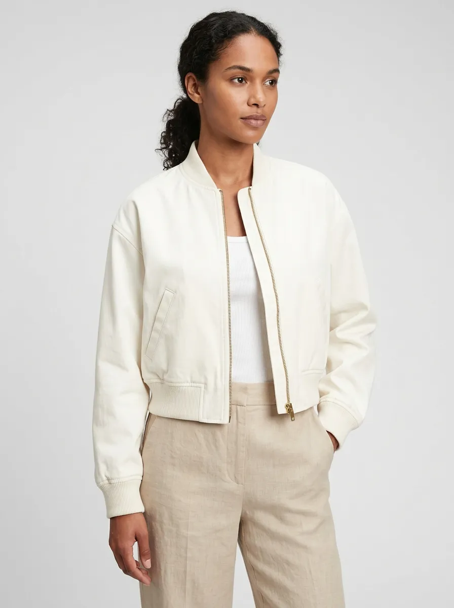 Women's Minimalist Casual Solid Off-White Printed Bomber Jacket