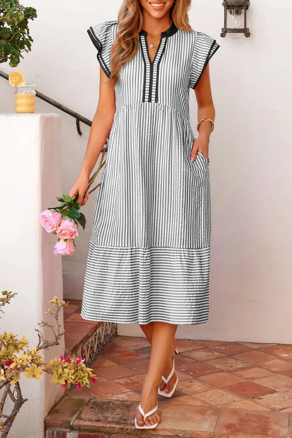 Striped Flutter Sleeve V Neck Maxi Dress