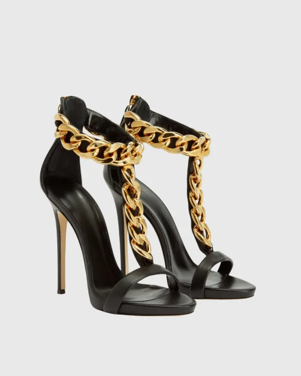 T Strap Metal Chain Sandals in Black