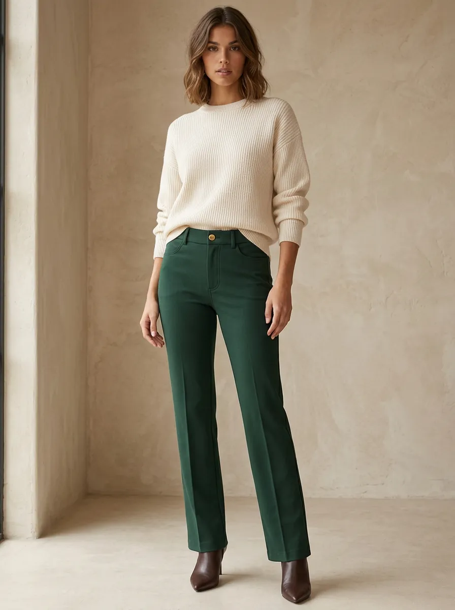 Women's Casual Forest Green Solid Color Straight Leg Trousers