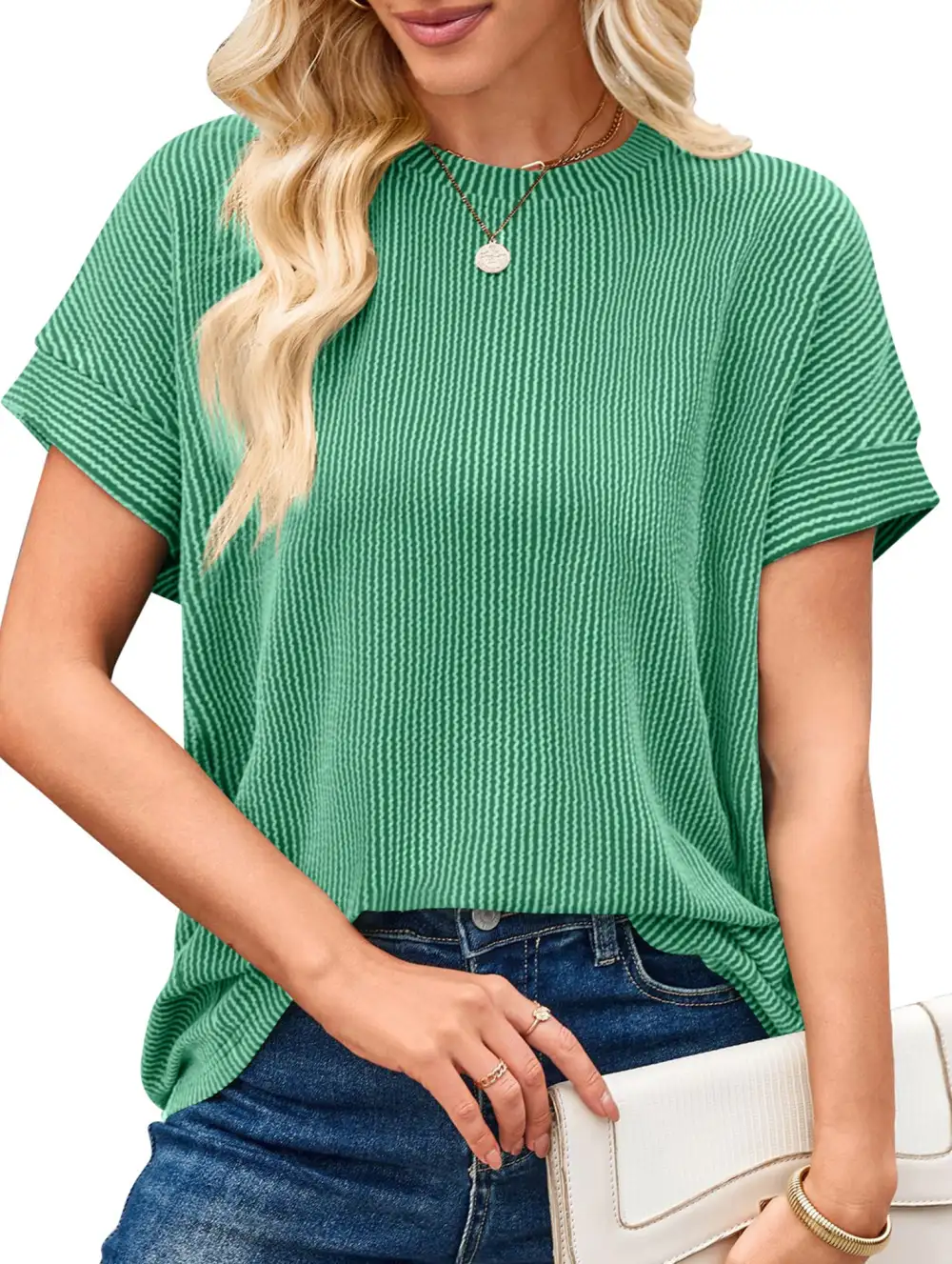Ribbed Knit Crew Neck Tee