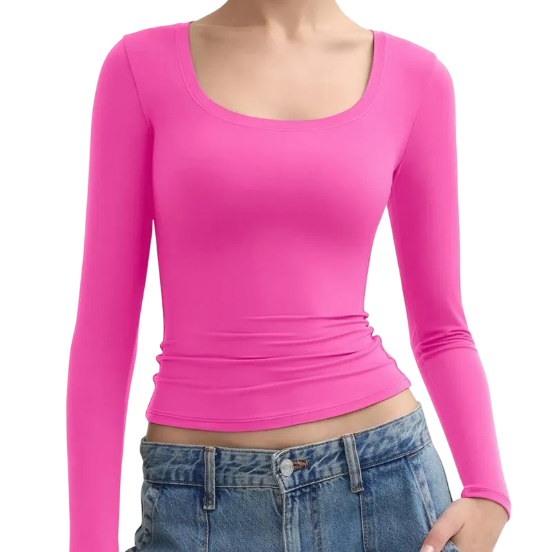 Women‘s Scoop Neck Long Sleeve Top Double Layer Slimfit Fall Outfits