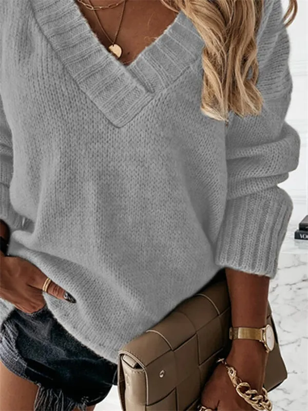 Women's Sweater Solid Color Casual Long Sleeve Loose Sweater Cardigans V Neck Fall Winter