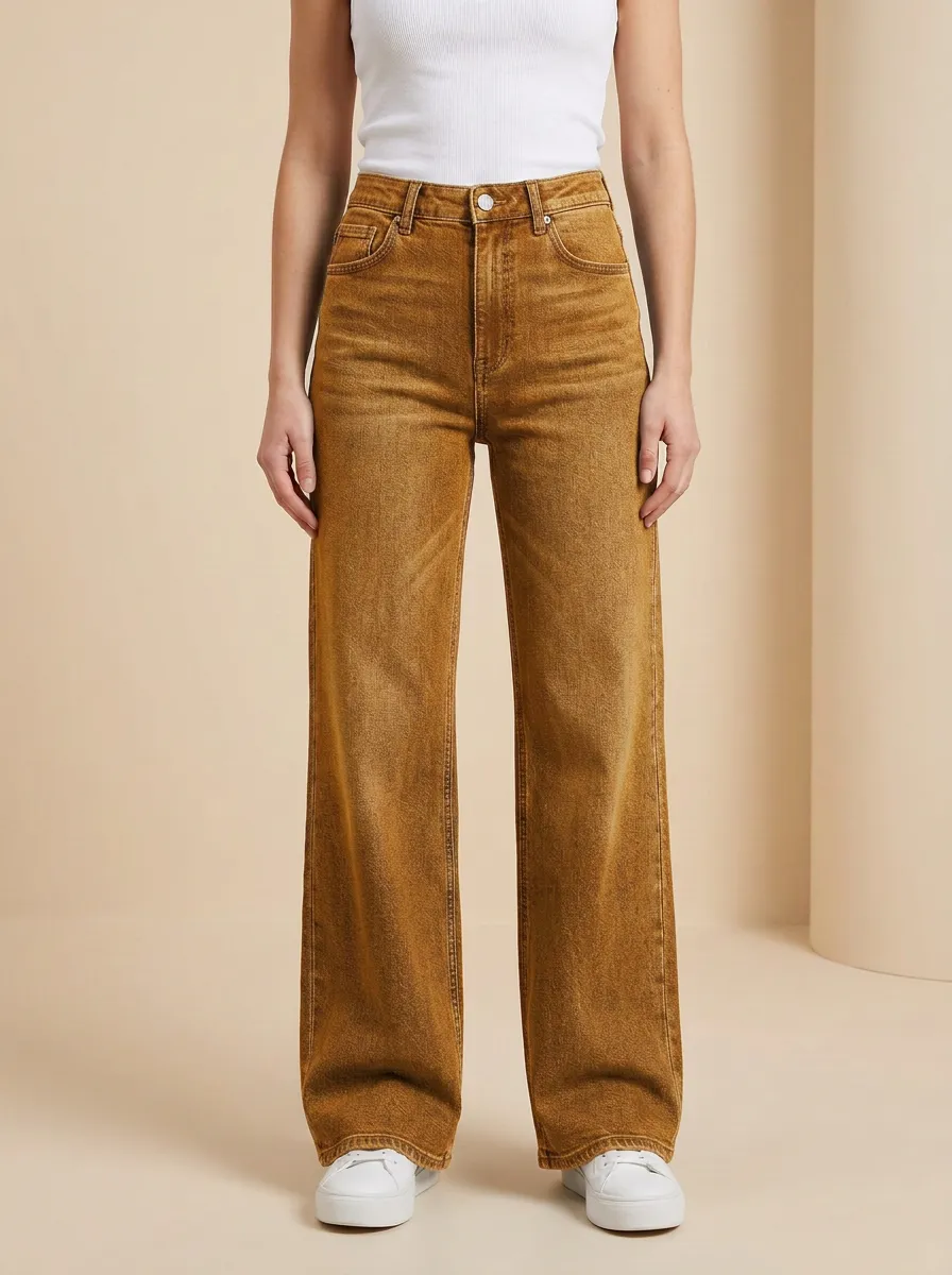 Women's High-Waisted Wide-Leg Denim High-Rise Waist Button Jeans