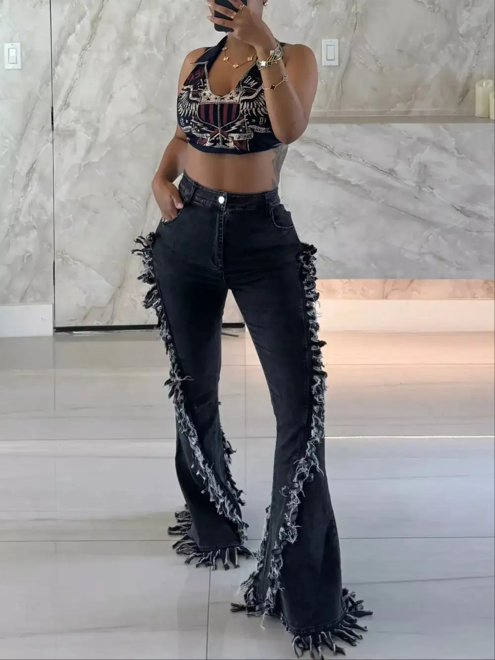 Tailored High Waist Flare Leg Denim Jeans