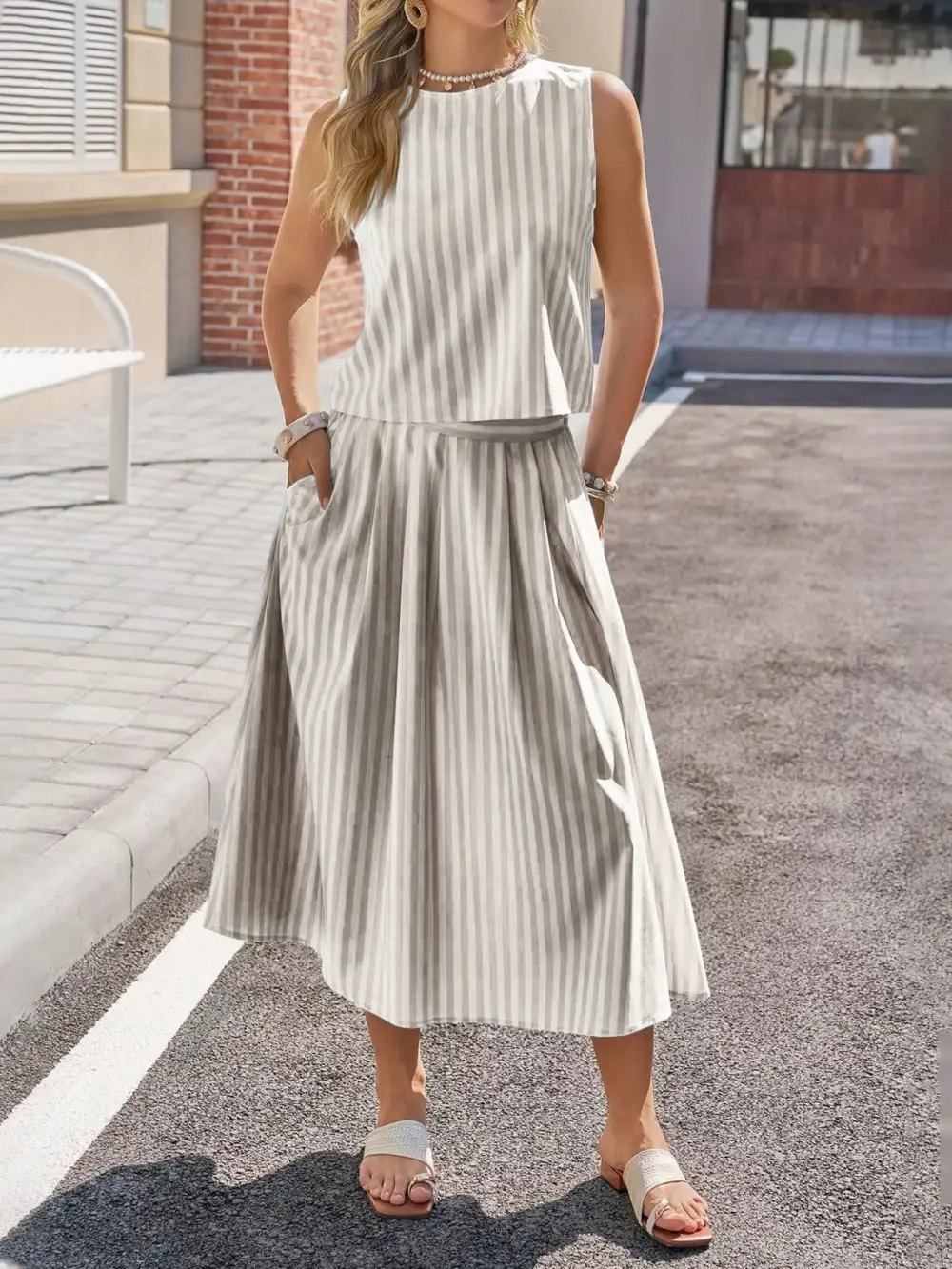 Natural Button Front Sleeveless Detail Coordinated Set