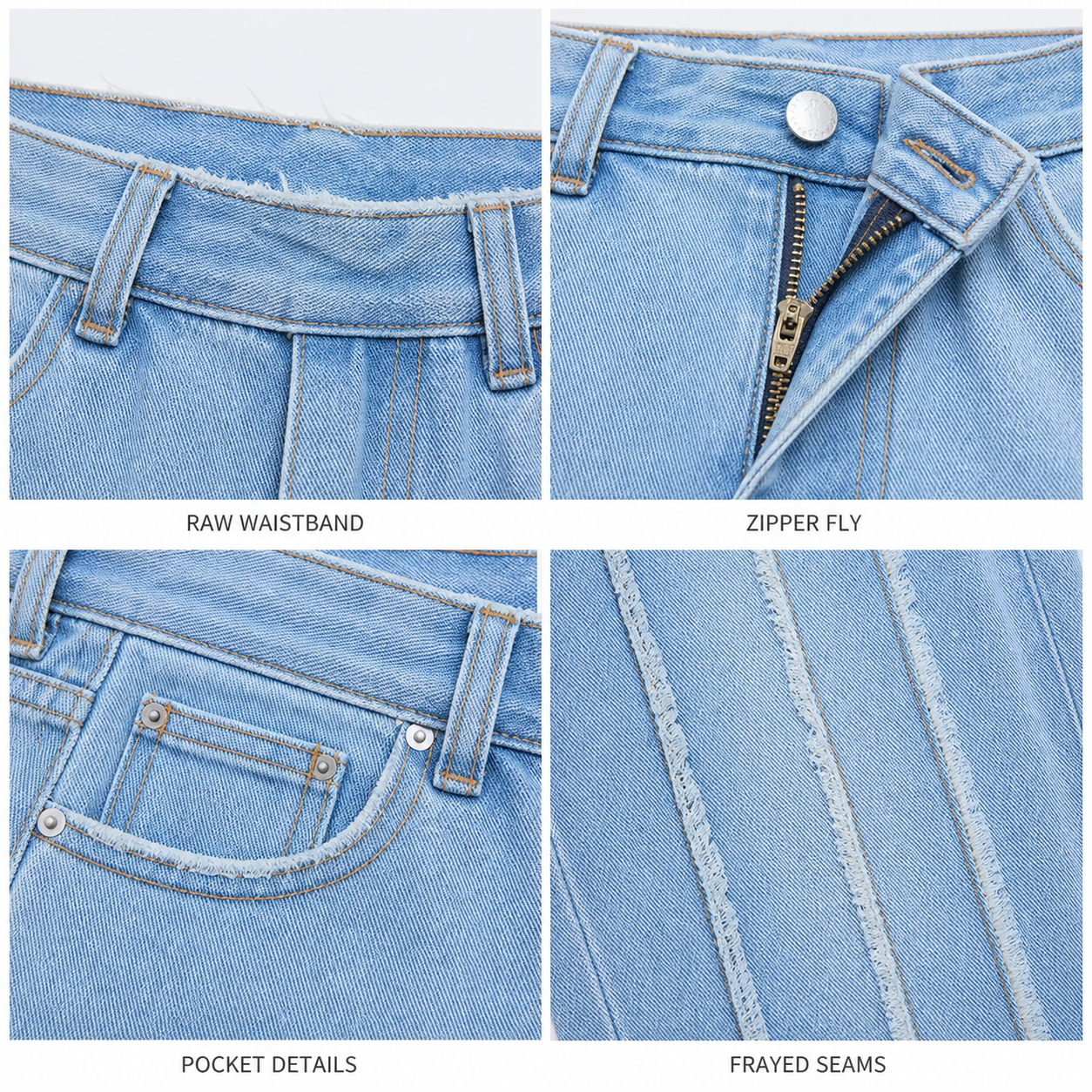 Washed denim raw stitch detail pockets zip fly and hem details