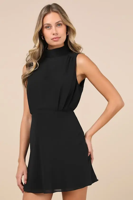 Classic Elegance Black Chiffon Sleeveless Mock Neck Mini Dress