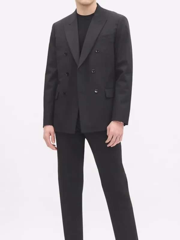 Commuting Style Tailored-Fit Double-Breasted Black Suit Blazer