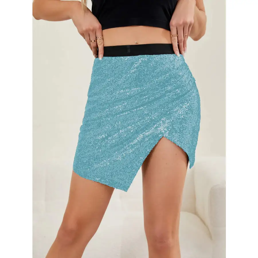 Asymmetrical Slit Sequin Skirt
