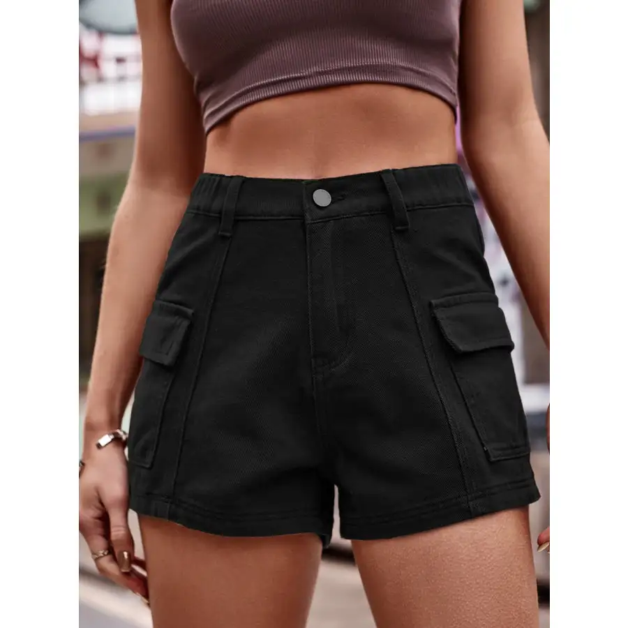 Textured High Waist Denim Shorts with Pockets