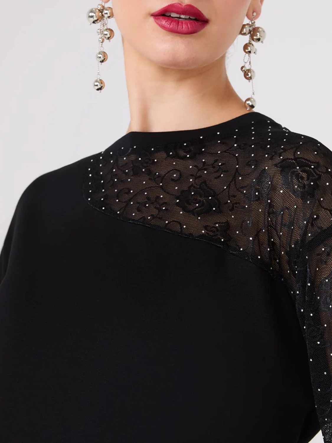 Drop Shoulder Sweater With Lace & Rhinestone Sleeve