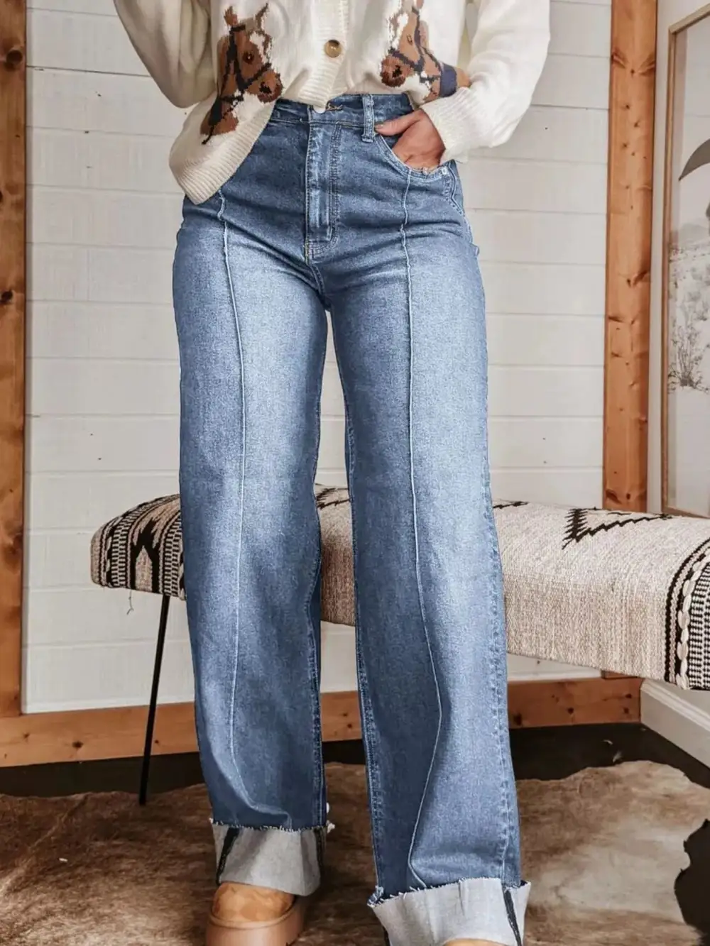 Pocketed High Waist Wide Leg Denim Jeans