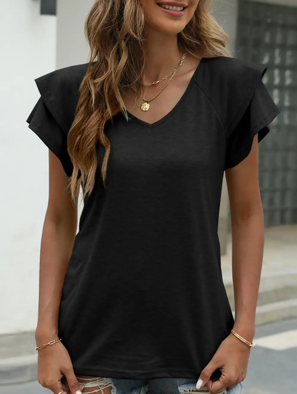 Solid Color V-Neck Ruffle Sleeve T-Shirt