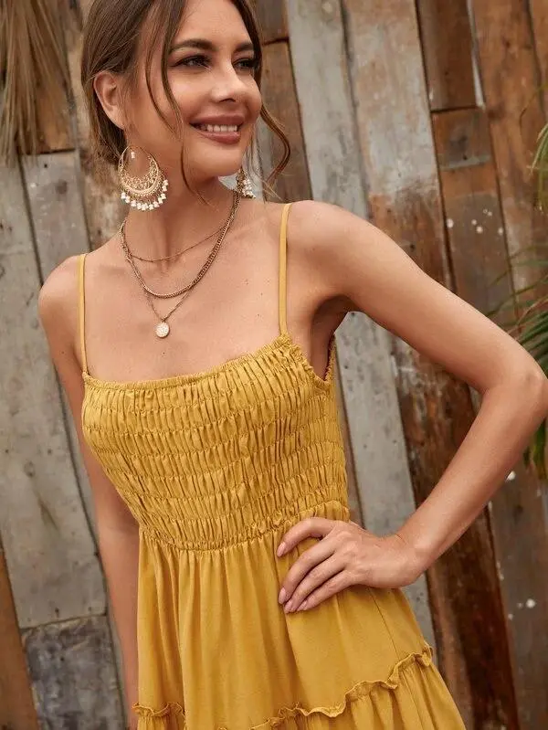 Women Shirred Detail Frill Layered Hem Cami Dress
