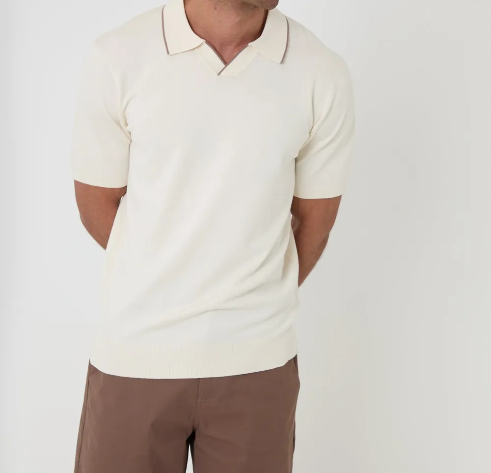Men's Ecru Knitted Contrast Tipping Open-Collar Polo
