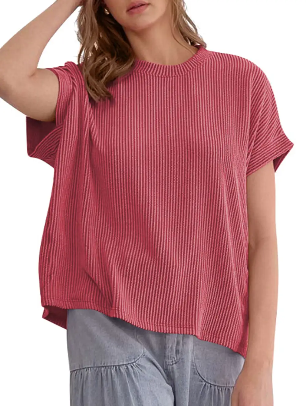 Ribbed Knit Crew Neck Tee