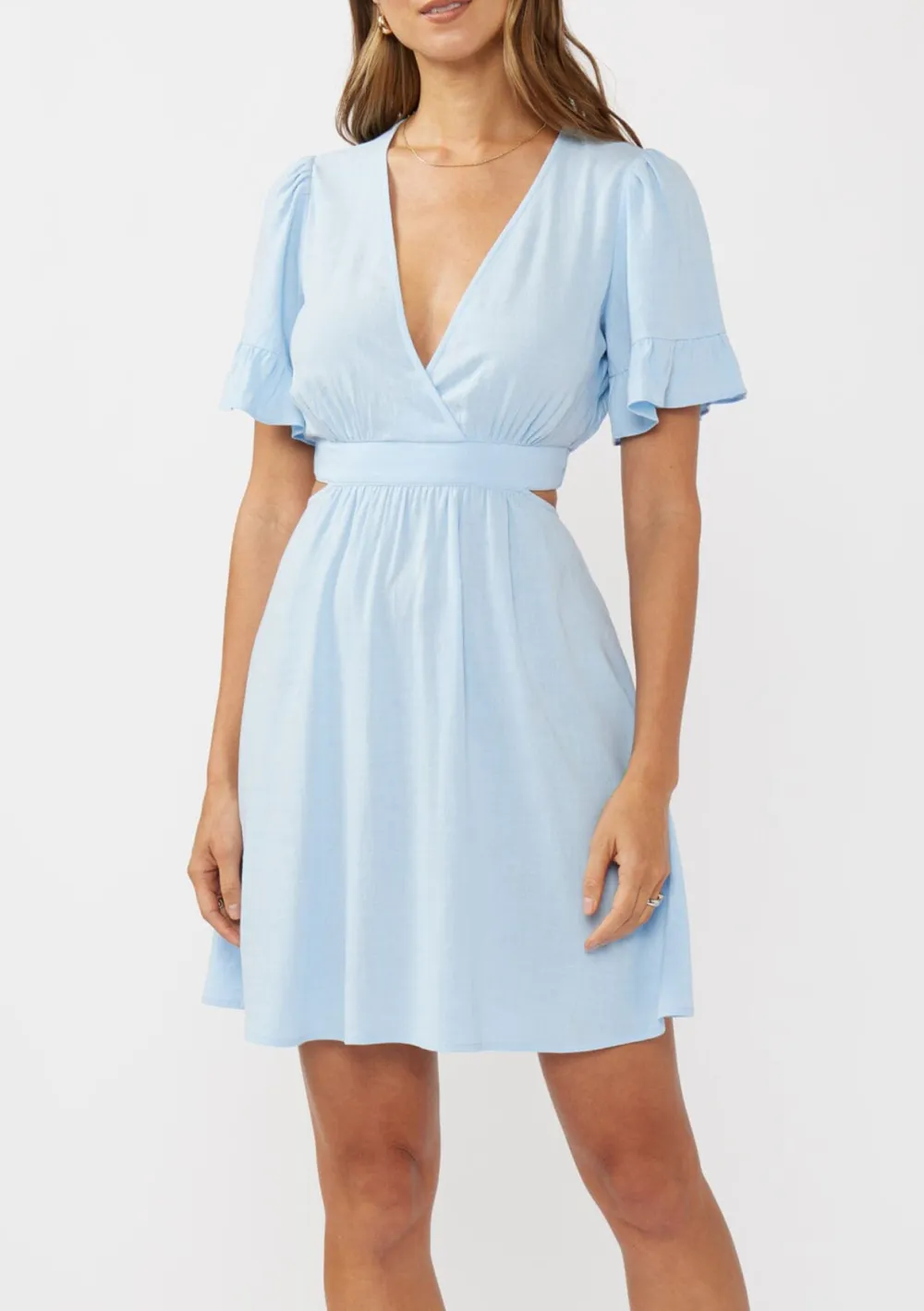 Ruffle Cutout Waist V-Neck Dress