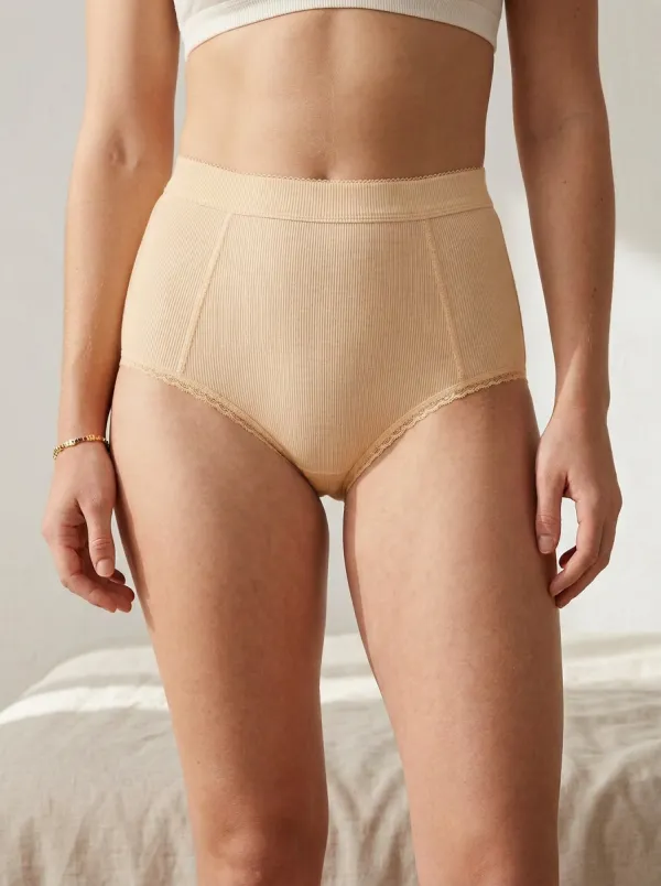 Women's Cozy Home Ribbed High-Waist Lace Trim Briefs