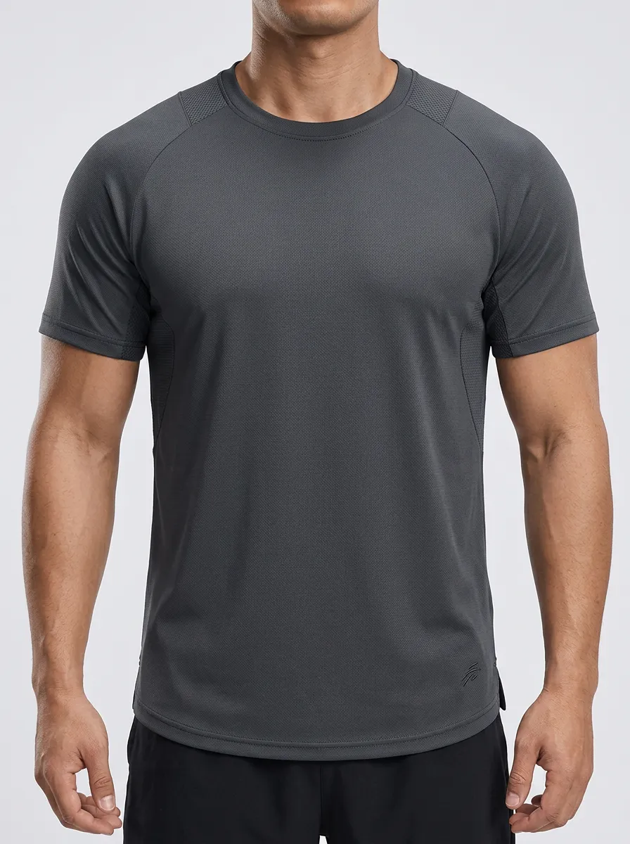 Men's Athletic Emblem Fitness Training Mesh Textured Raglan Performance Sport Crewneck T-Shirt