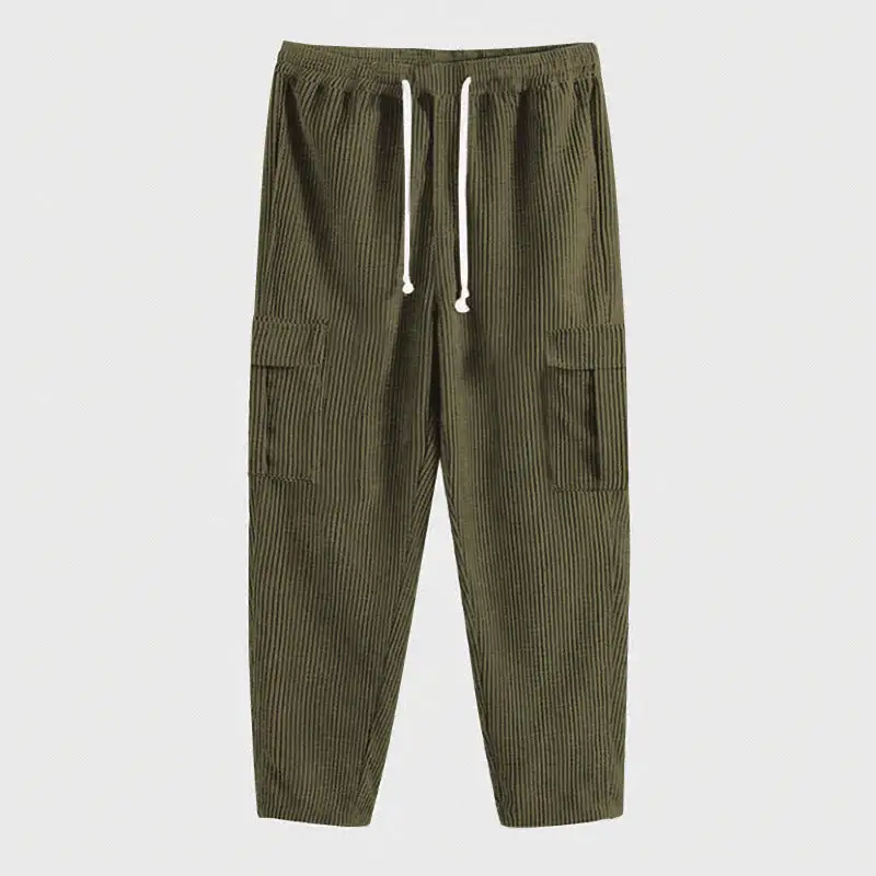 Men's Corduroy Cargo Pants Waistband Pockets Leg Cargo Pants