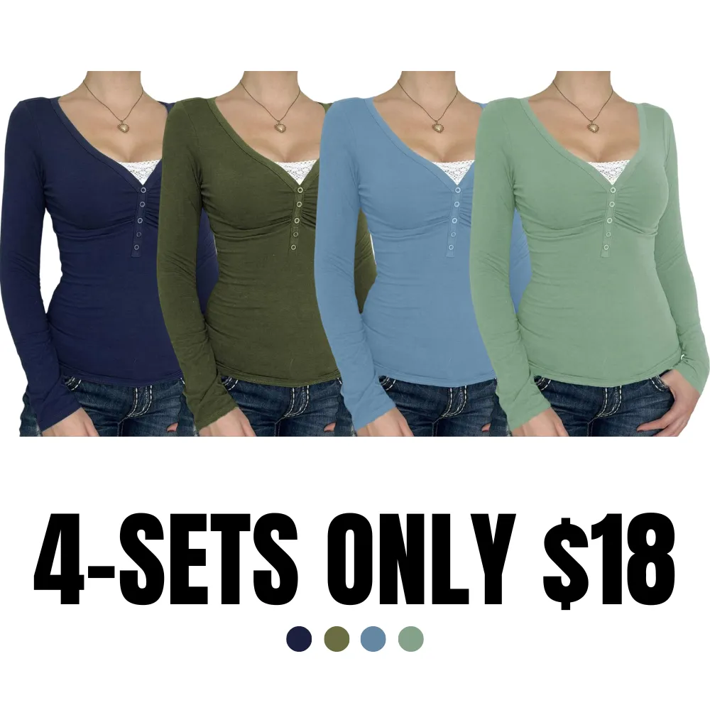 Women's Contrast Lace Button V Neck Tee