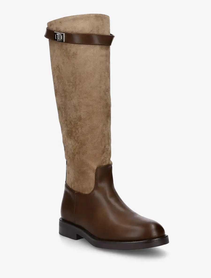 Buckle Detail Block Heel Faux Suede Faux Leather Knee High Boots