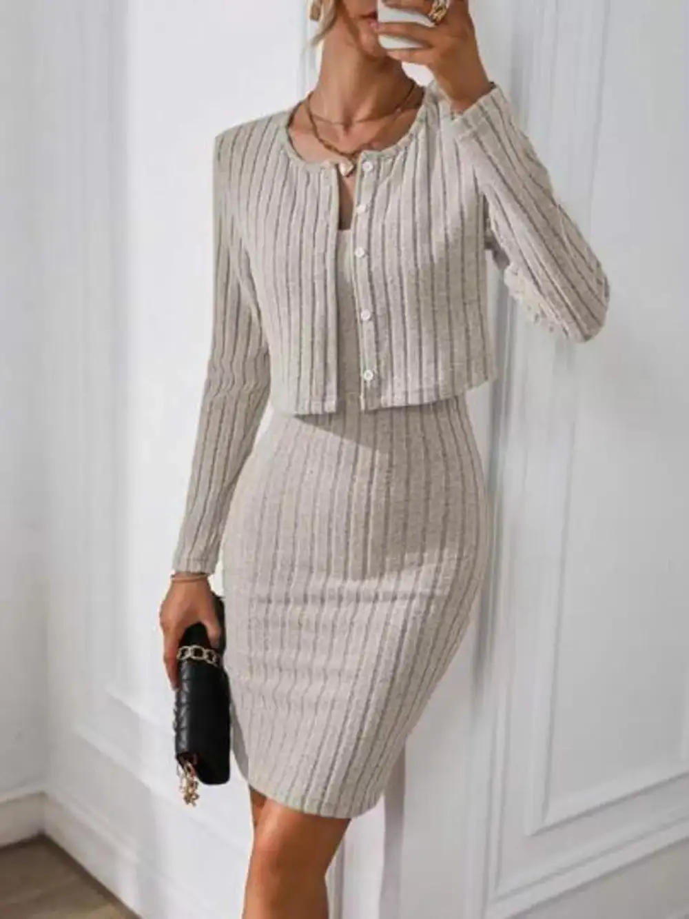 Layered Detail Ribbed Knit Sweater Dress