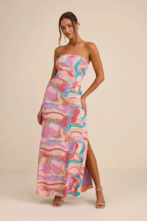 Kera Pink Multi Sequin Strapless Maxi Dress