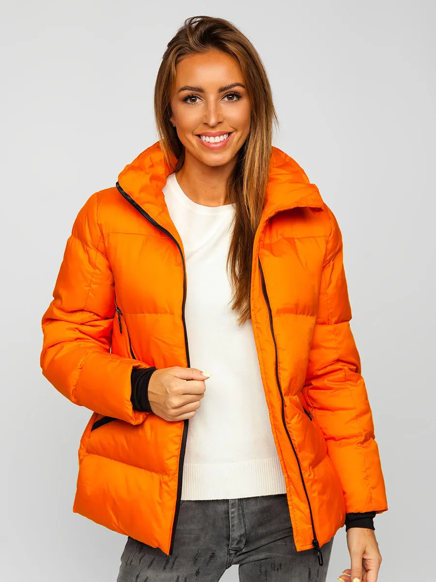 women's orange quilted winter jacket without hood